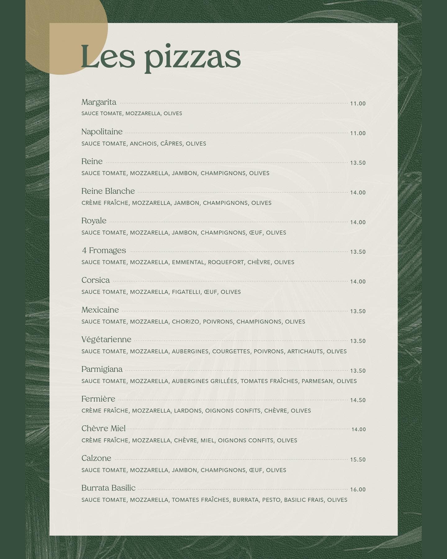 menu pizza